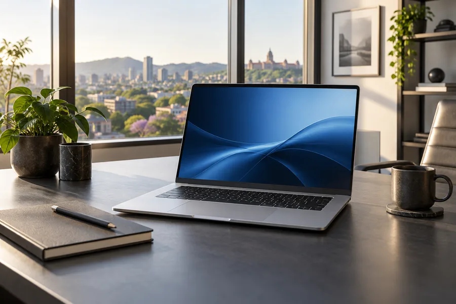 Illustrative AI laptops and business notebooks scene